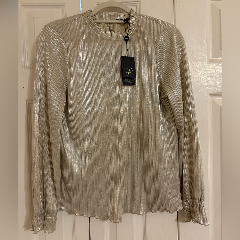 Adrianna Pappell Metallic Pleated Neck Blouse. NWT!
